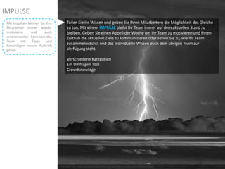 IMPULSE
Teilen Sie ihr Wissen und geben Sie Ihren Mitarbeitern die Möglichkeit das Gleiche
zu tun. Mit einem IMPULSE bleibt Ihr Team immer auf dem aktuellen Stand zu
bleiben. Geben Sie einen Appell der Woche um Ihr Team zu motivieren und ihnen
Zeitnah die aktuellen Ziele zu kommunizieren oder sehen Sie zu, wie Ihr Team
zusammenwächst und das individuelle Wissen auch dem übrigen Team zur
Verfügung steht.
Verschiedene Kategorien
Ein Umfragen Tool
Crowdknowlege
Photo by ben in freo – Creative Commons Attribution License: http://www.flickr.com/photos/21830513@N06/2451646024
Mit Impulsen können Sie ihre
Mitarbeiter immer wieder
motivieren und auch
untereinander kann sich das
Team mit Tipps und
Ratschlägen neuen Auftrieb
geben
 