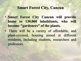 Smart Forest City, Cancun
• Smart Forest City Cancun will provide
home to 130,000 inhabitants, who will
become "gardeners"...