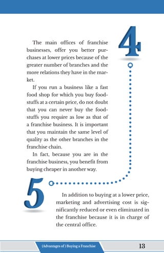 The main offices of franchise
businesses, offer you better pur-
chases at lower prices because of the
greater number of branches and the
more relations they have in the mar-
ket.
If you run a business like a fast
food shop for which you buy food-
stuffs at a certain price, do not doubt
that you can never buy the food-
stuffs you require as low as that of
a franchise business. It is important
that you maintain the same level of
quality as the other branches in the
franchise chain.
In fact, because you are in the
franchise business, you benefit from
buying cheaper in another way.
In addition to buying at a lower price,
marketing and advertising cost is sig-
nificantly reduced or even eliminated in
the franchise because it is in charge of
the central office.
(Advantages of ) Buying a Franchise 13
 