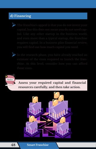 d) Financing
¾	
The franchise's appeal is that you do not invest your
capital, but this does not mean you do not need cap-
ital. Like any other startup in the business world,
and even more than a typical startup, the franchise
requires capital. In a business plan financial review,
you will find out how much capital you need.
¾	
In the research phase, you have already reached an
estimate of the costs required to launch the fran-
chise. At this level, consider how you can afford
those costs.
Assess your required capital and financial
resources carefully, and then take action.
Notice
Smart Franchise
48
 