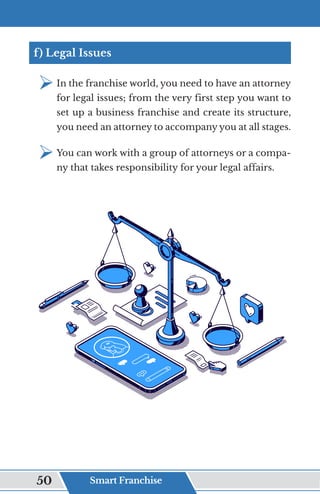 f) Legal Issues
¾	
In the franchise world, you need to have an attorney
for legal issues; from the very first step you want to
set up a business franchise and create its structure,
you need an attorney to accompany you at all stages.
¾	
You can work with a group of attorneys or a compa-
ny that takes responsibility for your legal affairs.
Smart Franchise
50
 