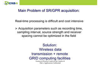 Main Problem of SSRR//GGPPRR aaccqquuiissiittiioonn:: 
Real-time processing is difficult and cost intensive 
 Acquisition parameters such as recording time, 
sampling interval, source strength and receiver 
spacing cannot be optimized in the field 
Solution: 
Wireless data 
transmission + remote 
GRID computing facilities 
Gestore di Risorse Condivise per Analisi di 
Dati e Applicazioni Ambientali 
 
