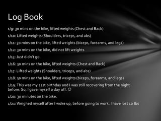 Log Book
1/9: 30 mins on the bike, lifted weights (Chest and Back)
1/10: Lifted weights (Shoulders, triceps, and abs)
1/11: 30 mins on the bike, lifted weights (biceps, forearms, and legs)
1/12: 30 mins on the bike, did not lift weights
1/13: Just didn’t go.
1/16: 30 mins on the bike, lifted weights (Chest and Back)
1/17: Lifted weights (Shoulders, triceps, and abs)
1/18: 30 mins on the bike, lifted weights (biceps, forearms, and legs)
1/19: This was my 21st birthday and I was still recovering from the night
before. So, I gave myself a day off. 
1/20: 30 minutes on the bike.
1/21: Weighed myself after I woke up, before going to work. I have lost 10 lbs
 