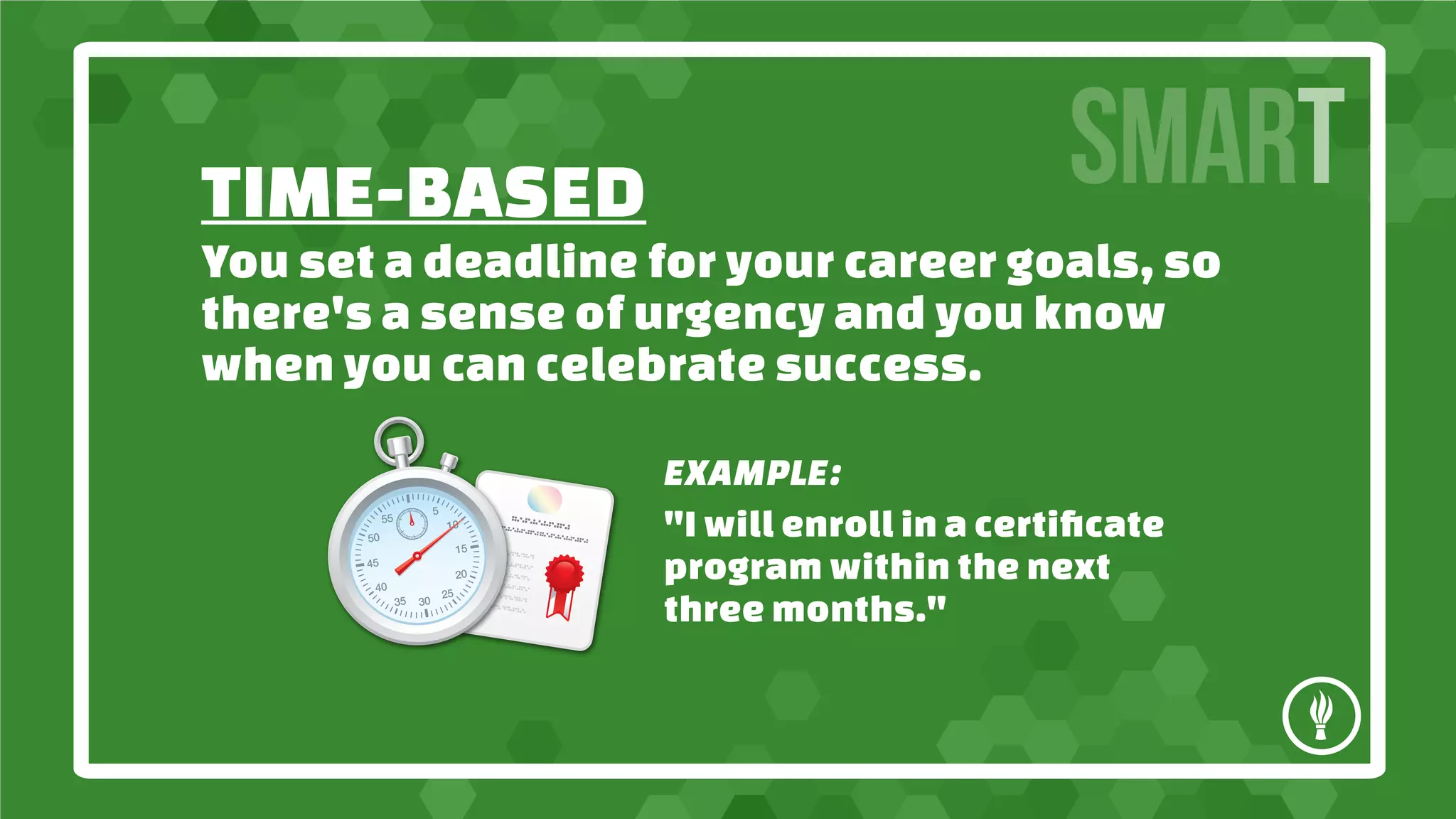 TIME-BASED
SMART
You set a deadline for your career goals, so
there's a sense of urgency and you know
when you can celebrate success.
EXAMPLE:
"I will enroll in a certificate
program within the next
three months."