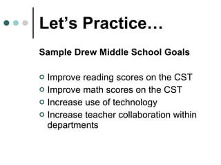 Let’s Practice… Sample Drew Middle School Goals Improve reading scores on the CST Improve math scores on the CST Increase use of technology Increase teacher collaboration within departments 