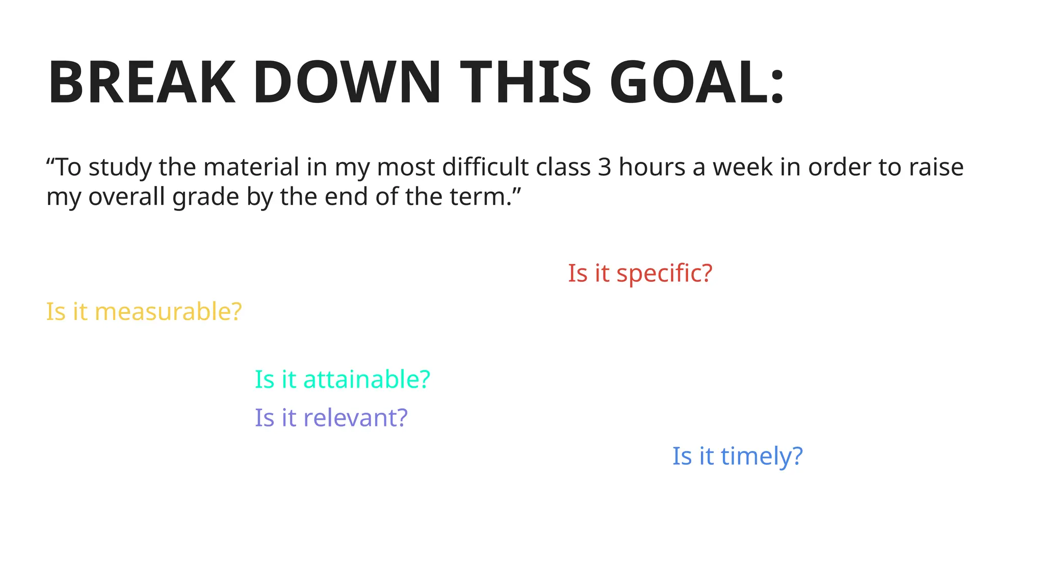 BREAK DOWN THIS GOAL:
“To study the material in my most difficult class 3 hours a week in order to raise
my overall grade by the end of the term.”
Is it specific?
Is it measurable?
Is it attainable?
Is it relevant?
Is it timely?
 