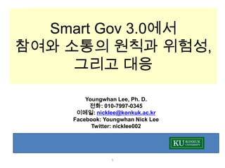 Smart Gov 3.0에서
참여와 소통의 원칙과 위험성,
     그리고 대응

         Youngwhan Lee, Ph. D.
          전화: 010-7997-0345
      이메일: nicklee@konkuk.ac.kr
     Facebook: Youngwhan Nick Lee
           Twitter: nicklee002




                 1
 