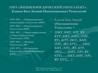 ГИП «ЭНЦИКЛОПЕДИЧЕСКИЙ ИНТЕЛЛЕКТ»:
Единая База Знаний Инновационных Технологий
• (1001-1061…) «Информационно•
•

•
•

компьютерные технологии» (ИКТ)
(2001-2033…) «Биомедицинские
Технологии» (БМТ)
(3001-3011…) «Энергоэффективные
и Энергосберегательные
Технологии» (ЭЭТ)
(4001-4045…) «Ядерные
Технологии» (ЯТ)
(5001-5074…) «Космические
Технологии и Телекоммуникации»
(КТТ)

• Единая База Знаний
«Инновационные
Технологии» =
• {ИКТ, БМТ, ЭЭТ, ЯТ,
КТТ; (ИКТ, БМТ), (ЭЭТ,
ЯТ), (КТТ, ИКТ), (БМТ,
ЭЭТ), (ЯТ, КТТ),…, (ИКТ,
БМТ, ЭЭТ), (ЯТ, КТТ,
ИКТ),…, (БМТ, ЭЭТ, ЯТ,
КТТ),…, (ИКТ, БМТ, ЭЭТ,
ЯТ, КТТ),…}

ГИП "Энциклопедический Интеллект"
ООО "ЭИС" 2013 All Rights Reserved

 