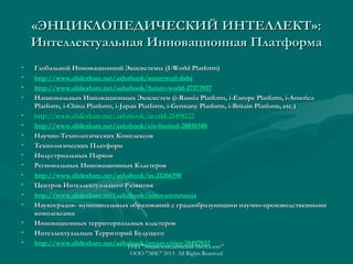 «ЭНЦИКЛОПЕДИЧЕСКИЙ ИНТЕЛЛЕКТ»:
Интеллектуальная Инновационная Платформа
•
•
•
•
•
•
•
•
•
•
•
•
•
•
•
•
•

Глобальной Инновационной Экосистемы (I-World Platform)
http://www.slideshare.net/ashabook/smartworl-dabr
http://www.slideshare.net/ashabook/future-world-27173937
Национальных Инновационных Экосистем (i-Russia Platform, i-Europe Platform, i-America
Platform, i-China Platform, i-Japan Platform, i-Germany Platform, i-Britain Platform, etc.)
http://www.slideshare.net/ashabook/iworld-25498222
http://www.slideshare.net/ashabook/eis-limited-28850348
Научно-Технологических Комплексов
Технологических Платформ
Индустриальных Парков
Региональных Инновационных Кластеров
http://www.slideshare.net/ashabook/ss-21266398
Центров Интеллектуального Развития
http://www.slideshare.net/ashabook/innovationrussia
Наукоградов- муниципальных образований с градообразующими научно-производственными
комплексами
Инновационных территориальных кластеров
Интеллектуальных Территорий Будущего
http://www.slideshare.net/ashabook/smart-cities-28497022
ГИП "Энциклопедический Интеллект"
ООО "ЭИС" 2013 All Rights Reserved

 
