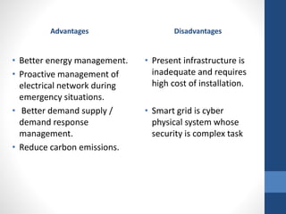 Advantages
• Better energy management.
• Proactive management of
electrical network during
emergency situations.
• Better demand supply /
demand response
management.
• Reduce carbon emissions.
Disadvantages
• Present infrastructure is
inadequate and requires
high cost of installation.
• Smart grid is cyber
physical system whose
security is complex task
 