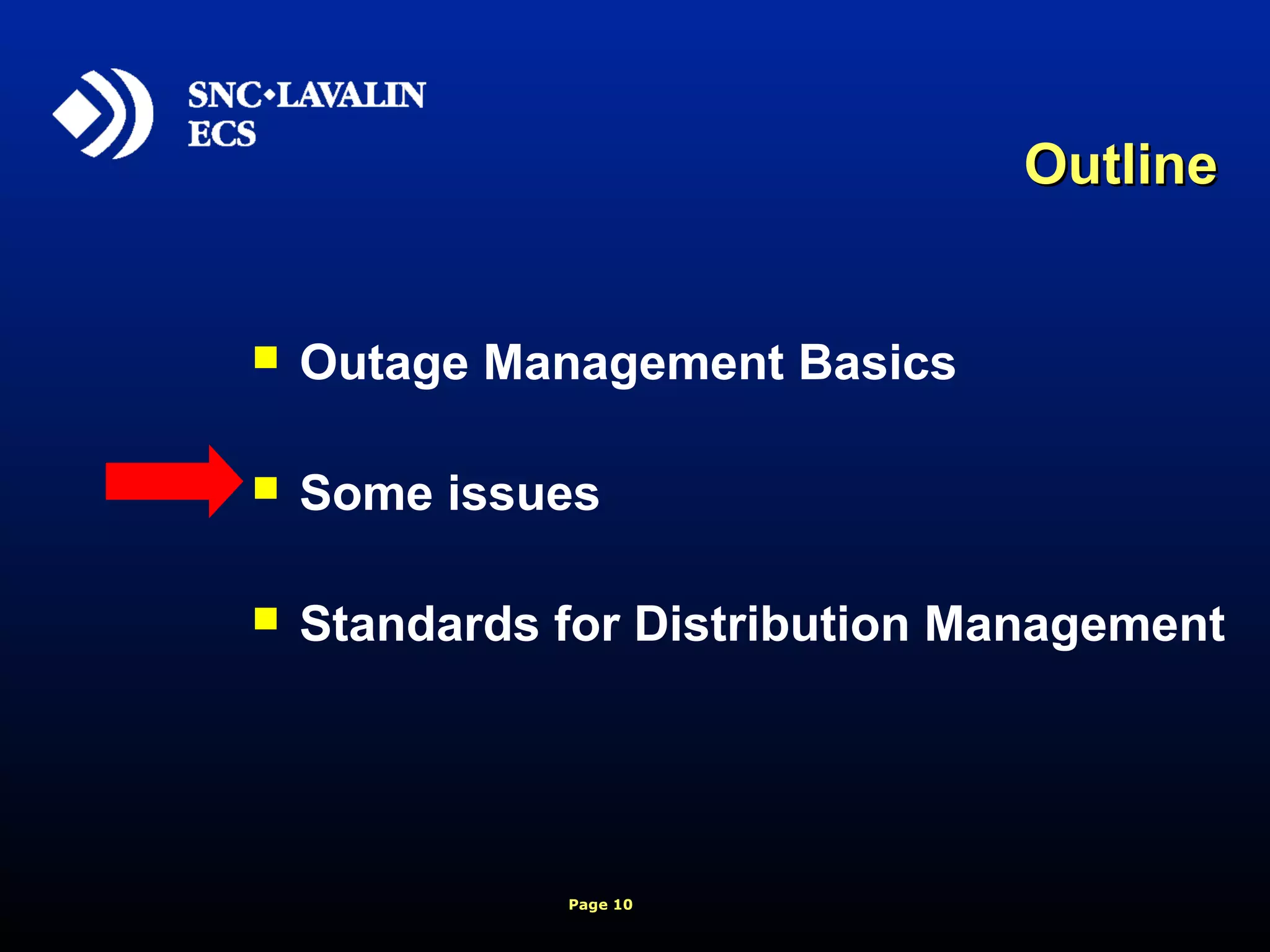 Page 10
OutlineOutline
 Outage Management Basics
 Some issues
 Standards for Distribution Management
 