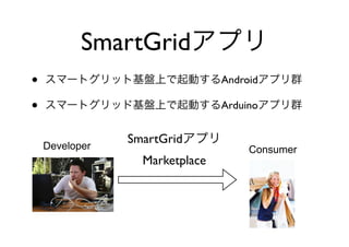 SmartGrid
•                               Android

•                               Arduino


                SmartGrid
    Developer                        Consumer
                  Marketplace
 
