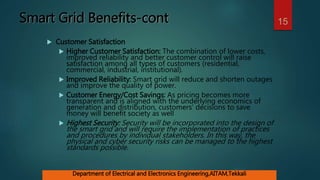 Smart Grid Benefits-cont
 Customer Satisfaction
 Higher Customer Satisfaction: The combination of lower costs,
improved reliability and better customer control will raise
satisfaction among all types of customers (residential,
commercial, industrial, institutional).
 Improved Reliability: Smart grid will reduce and shorten outages
and improve the quality of power.
 Customer Energy/Cost Savings: As pricing becomes more
transparent and is aligned with the underlying economics of
generation and distribution, customers’ decisions to save
money will benefit society as well
 Highest Security: Security will be incorporated into the design of
the smart grid and will require the implementation of practices
and procedures by individual stakeholders. In this way, the
physical and cyber security risks can be managed to the highest
standards possible.
15
Department of Electrical and Electronics Engineering,AITAM,Tekkali
 