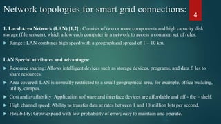 Network topologies for smart grid connections:
1. Local Area Network (LAN) [1,2] : Consists of two or more components and high capacity disk
storage (file servers), which allow each computer in a network to access a common set of rules.
 Range : LAN combines high speed with a geographical spread of 1 – 10 km.
LAN Special attributes and advantages:
 Resource sharing: Allows intelligent devices such as storage devices, programs, and data fi les to
share resources.
 Area covered: LAN is normally restricted to a small geographical area, for example, office building,
utility, campus.
 Cost and availability: Application software and interface devices are affordable and off - the – shelf.
 High channel speed: Ability to transfer data at rates between 1 and 10 million bits per second.
 Flexibility: Grow/expand with low probability of error; easy to maintain and operate.
4
 