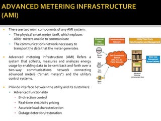  There are two main components of any AMI system:
 The physical smart meter itself, which replaces
older meters unable to communicate
 The communications network necessary to
transport the data that the meter generates
 Advanced metering infrastructure (AMI) Refers a
system that collects, measures and analyzes energy
usage by enabling data to be sent back and forth over a
two-way communications network connecting
advanced meters (“smart meters”) and the utility’s
control systems.
 Provide interface between the utility and its customers:
 Advanced functionality
▪ Bi-direction control
▪ Real-time electricity pricing
▪ Accurate load characterization
▪ Outage detection/restoration
 
