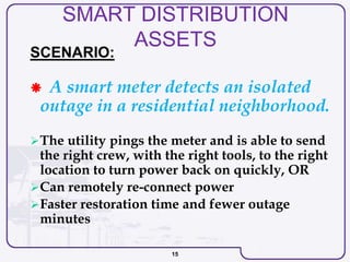 15
SMART DISTRIBUTION
ASSETS
SCENARIO:
 A smart meter detects an isolated
outage in a residential neighborhood.
The utility pings the meter and is able to send
the right crew, with the right tools, to the right
location to turn power back on quickly, OR
Can remotely re-connect power
Faster restoration time and fewer outage
minutes
 