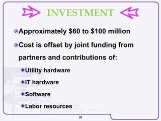20
INVESTMENT
Approximately $60 to $100 million
Cost is offset by joint funding from
partners and contributions of:
Utility hardware
IT hardware
Software
Labor resources
 