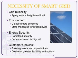 7
NECESSITY OF SMART GRID
 Grid reliability
 Aging assets, heightened load
 Environment:
 Global climate concerns
 State mandates for green power
 Energy Security:
 Homeland security
 Dependence on foreign oil
 Customer Choices:
 Growing needs and expectations
 Desire for greater flexibility and options
 