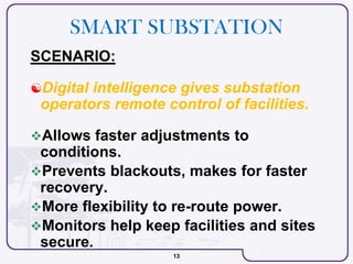 13
SMART SUBSTATION
SCENARIO:
Digital intelligence gives substation
operators remote control of facilities.
Allows faste...