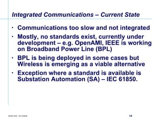 Integrated Communications – Current State Communications too slow and not integrated Mostly, no standards exist, currently under development – e.g. OpenAMI, IEEE is working on Broadband Power Line (BPL) BPL is being deployed in some cases but Wireless is emerging as a viable alternative Exception where a standard is available is Substation Automation (SA) – IEC 61850. 