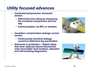 Utility focused advances Conductor/compression connector sensor: Determines line rating by measuring the conductor temperature and line sag Communication via BPL or wireless Insulation contamination leakage current sensor: Continuously monitors leakage current to determine key parameters Advances in protection – Digital relays that have replaced electro-mechanical ones have better fault isolation, detection and self-checking diagnostics 