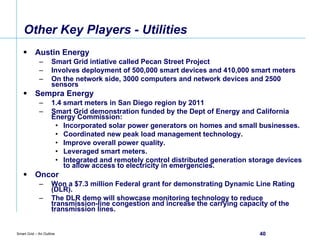 Other Key Players - Utilities Austin Energy Smart Grid intiative called Pecan Street Project Involves deployment of 500,000 smart devices and 410,000 smart meters On the network side, 3000 computers and network devices and 2500 sensors Sempra Energy 1.4 smart meters in San Diego region by 2011 Smart Grid demonstration funded by the Dept of Energy and California Energy Commission: Incorporated solar power generators on homes and small businesses.  Coordinated new peak load management technology.  Improve overall power quality.  Leveraged smart meters.  Integrated and remotely control distributed generation storage devices to allow access to electricity in emergencies.  Oncor Won a $7.3 million Federal grant for demonstrating Dynamic Line Rating (DLR). The DLR demo will showcase monitoring technology to reduce transmission-line congestion and increase the carrying capacity of the transmission lines.  