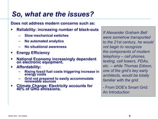 So, what are the issues? Does not address modern concerns such as: Reliability: increasing number of black-outs  Slow mechanical switches No automated analytics No situational awareness Energy Efficiency National Economy increasingly dependent on electronic equipment. Affordability:  Rising fossil fuel costs triggering increase in energy costs Grid not prepared to easily accommodate renewable sources Climate Change: Electricity accounts for 40% of GHG emissions.  If Alexander Graham Bell were somehow transported to the 21st century, he would not begin to recognize the components of modern telephony – cell phones, texting, cell towers, PDAs, etc. – while Thomas Edison, one of the grid’s key early architects, would be totally familiar with the grid.   - From DOE's Smart Grid: An Introduction 