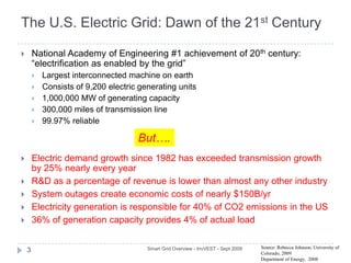 The U.S. Electric Grid: Dawn of the 21st CenturySmart Grid Overview - InvVEST - Sept 20093National Academy of Engineering #1 achievement of 20th century: “electrification as enabled by the grid”Largest interconnected machine on earthConsists of 9,200 electric generating units 1,000,000 MW of generating capacity300,000 miles of transmission line99.97% reliableElectric demand growth since 1982 has exceeded transmission growth by 25% nearly every yearR&D as a percentage of revenue is lower than almost any other industry System outages create economic costs of nearly $150B/yrElectricity generation is responsible for 40% of CO2 emissions in the US36% of generation capacity provides 4% of actual loadBut….Source: Rebecca Johnson, University of Colorado, 2009Department of Energy,  2008