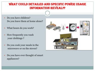 What Could Detailed And Specific Power Usage
Information Reveal??
 Do you have children?
Do you leave them at home alone?
 What hours do you work?
 How frequently you wash
your clothings ?
 Do you cook your meals in the
microwave or on the stoves?
 Do you have ever thought of smart
appliances?
 