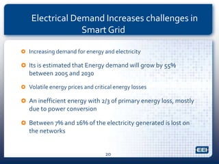  Increasing demand for energy and electricity
 Its is estimated that Energy demand will grow by 55%
between 2005 and 2030
 Volatile energy prices and critical energy losses
 An inefficient energy with 2/3 of primary energy loss, mostly
due to power conversion
 Between 7% and 16% of the electricity generated is lost on
the networks
20
Electrical Demand Increases challenges in
Smart Grid
 