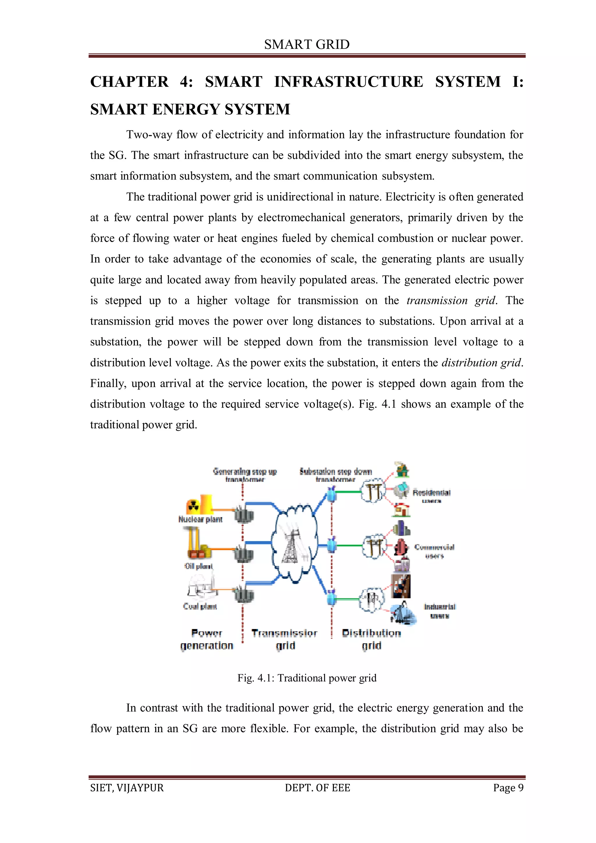 SMART GRID
SIET, VIJAYPUR DEPT. OF EEE Page 9
CHAPTER 4: SMART INFRASTRUCTURE SYSTEM I:
SMART ENERGY SYSTEM
Two-way flow of electricity and information lay the infrastructure foundation for
the SG. The smart infrastructure can be subdivided into the smart energy subsystem, the
smart information subsystem, and the smart communication subsystem.
The traditional power grid is unidirectional in nature. Electricity is often generated
at a few central power plants by electromechanical generators, primarily driven by the
force of flowing water or heat engines fueled by chemical combustion or nuclear power.
In order to take advantage of the economies of scale, the generating plants are usually
quite large and located away from heavily populated areas. The generated electric power
is stepped up to a higher voltage for transmission on the transmission grid. The
transmission grid moves the power over long distances to substations. Upon arrival at a
substation, the power will be stepped down from the transmission level voltage to a
distribution level voltage. As the power exits the substation, it enters the distribution grid.
Finally, upon arrival at the service location, the power is stepped down again from the
distribution voltage to the required service voltage(s). Fig. 4.1 shows an example of the
traditional power grid.
Fig. 4.1: Traditional power grid
In contrast with the traditional power grid, the electric energy generation and the
flow pattern in an SG are more flexible. For example, the distribution grid may also be
 