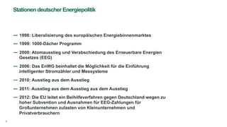 7
―  1998: Liberalisierung des europäischen Energiebinnenmarktes
―  1999: 1000-Dächer Programm
―  2000: Atomausstieg und V...