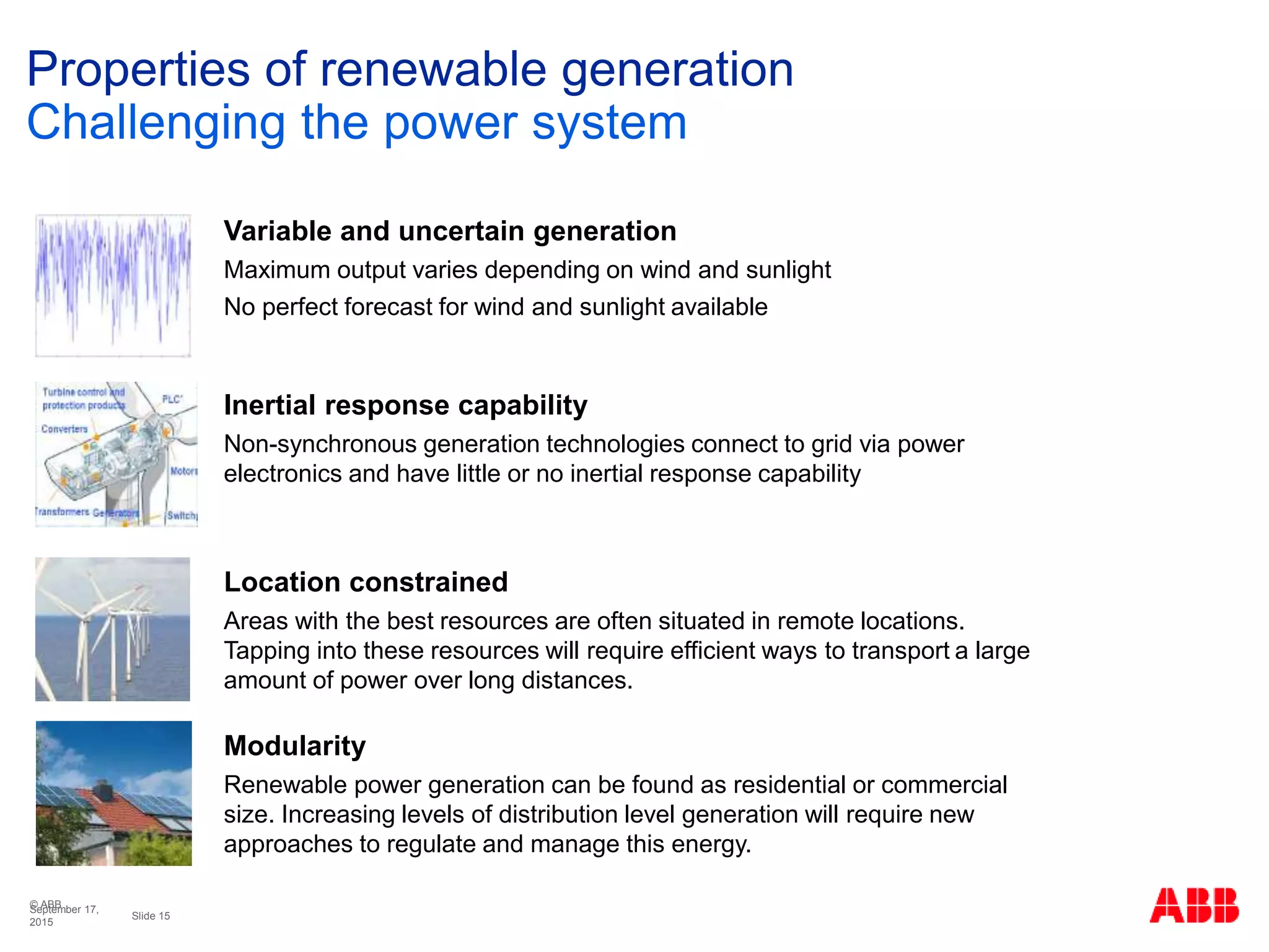 © ABB
Slide 15
September 17,
2015
Properties of renewable generation
Challenging the power system
Variable and uncertain generation
Maximum output varies depending on wind and sunlight
No perfect forecast for wind and sunlight available
Inertial response capability
Non-synchronous generation technologies connect to grid via power
electronics and have little or no inertial response capability
Location constrained
Areas with the best resources are often situated in remote locations.
Tapping into these resources will require efficient ways to transport a large
amount of power over long distances.
Modularity
Renewable power generation can be found as residential or commercial
size. Increasing levels of distribution level generation will require new
approaches to regulate and manage this energy.
 