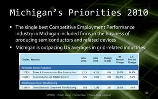 Michigan’s Priorities 2010
 The single best Competitive Employment Performance
  industry in Michigan included firms in the business of
  producing semiconductors and related devices
 Michigan is outpacing US averages in grid-related industries:




                                                                               37
                 UP6550 | Robert Moreo + Yuchen Mao | Wayne State University
 