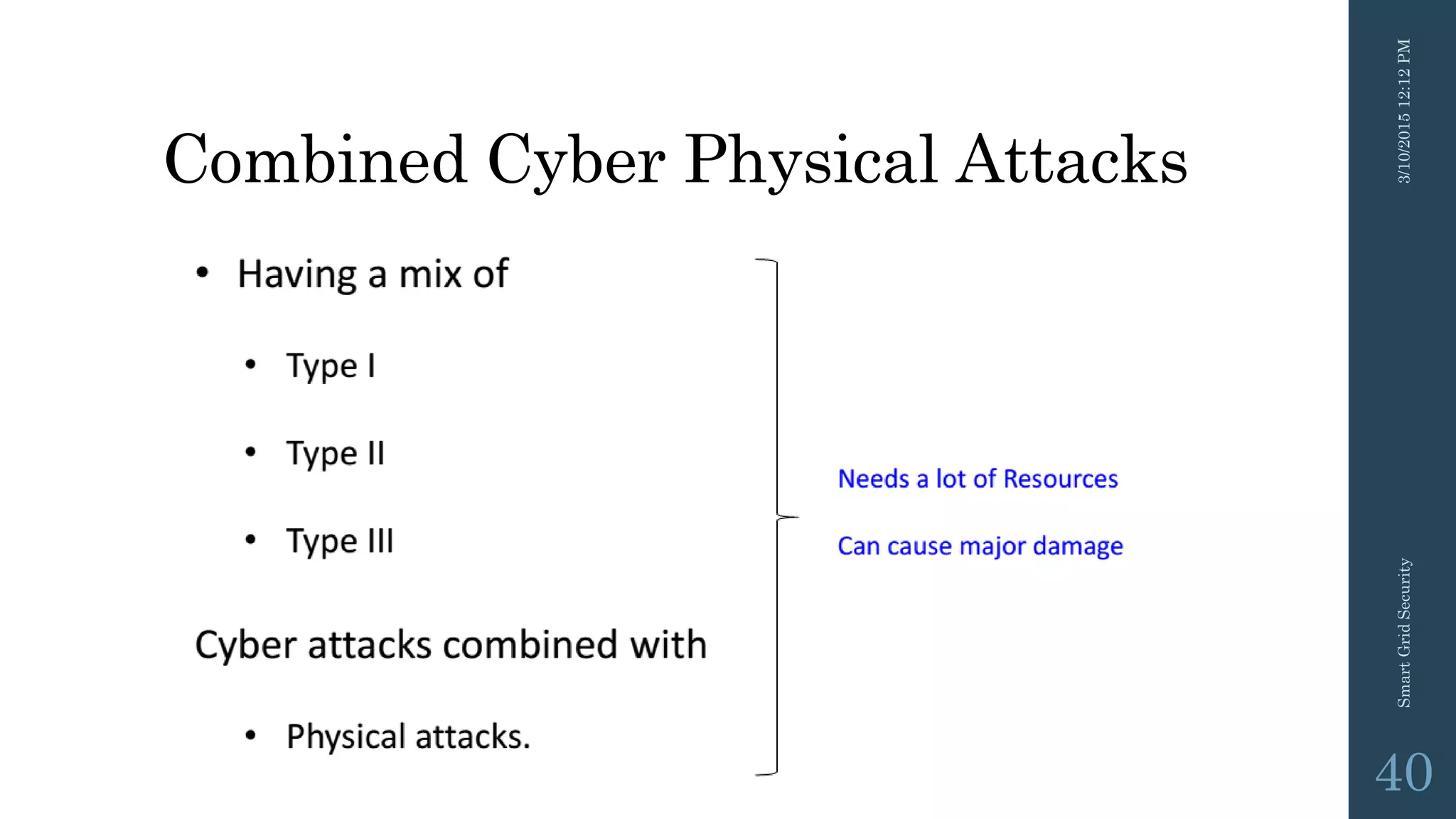 Combined Cyber Physical Attacks
3/10/201512:12PMSmartGridSecurity
40
 