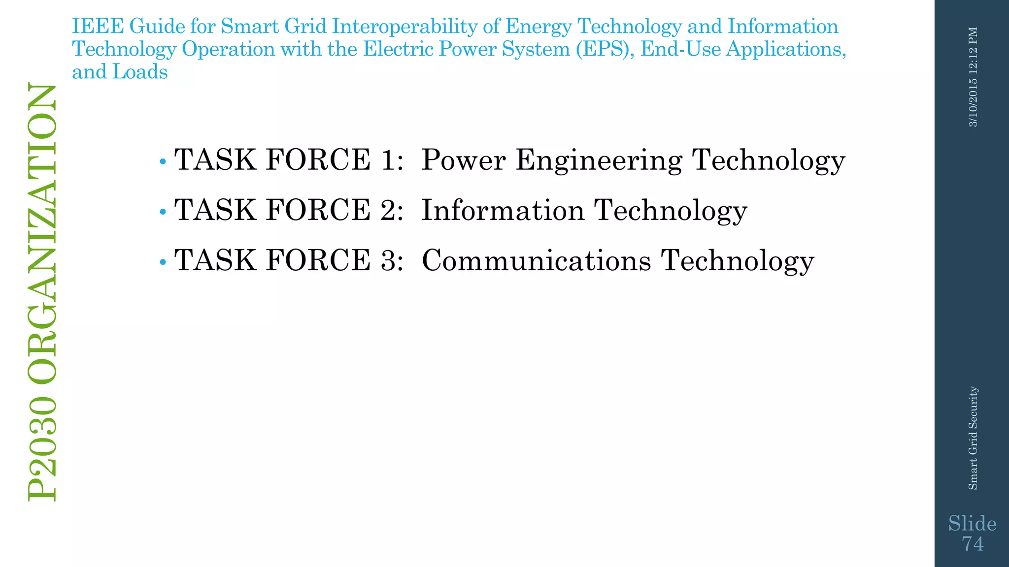 3/10/201512:12PMSmartGridSecurity
Slide
74
P2030ORGANIZATION
• TASK FORCE 1: Power Engineering Technology
• TASK FORCE 2: Information Technology
• TASK FORCE 3: Communications Technology
IEEE Guide for Smart Grid Interoperability of Energy Technology and Information
Technology Operation with the Electric Power System (EPS), End-Use Applications,
and Loads
 