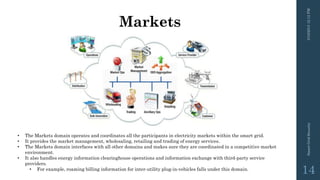 Markets
3/10/201512:12PMSmartGridSecurity
14
• The Markets domain operates and coordinates all the participants in electricity markets within the smart grid.
• It provides the market management, wholesaling, retailing and trading of energy services.
• The Markets domain interfaces with all other domains and makes sure they are coordinated in a competitive market
environment.
• It also handles energy information clearinghouse operations and information exchange with third-party service
providers.
• For example, roaming billing information for inter-utility plug-in-vehicles falls under this domain.
 