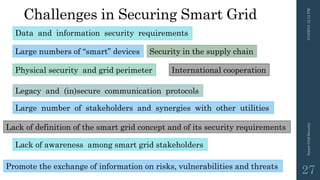 Challenges in Securing Smart Grid
3/10/201512:12PMSmartGridSecurity
27
Data and information security requirements
Large numbers of “smart” devices
Physical security and grid perimeter
Legacy and (in)secure communication protocols
Large number of stakeholders and synergies with other utilities
Lack of definition of the smart grid concept and of its security requirements
Lack of awareness among smart grid stakeholders
Security in the supply chain
Promote the exchange of information on risks, vulnerabilities and threats
International cooperation
 