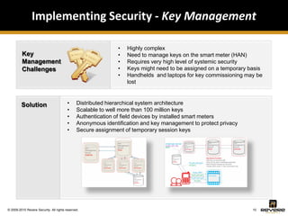 Implementing Security - Key Management

                                                               •   Highly complex
         Key                                                   •   Need to manage keys on the smart meter (HAN)
         Management                                            •   Requires very high level of systemic security
         Challenges                                            •   Keys might need to be assigned on a temporary basis
                                                               •   Handhelds and laptops for key commissioning may be
                                                                   lost



         Solution                        •     Distributed hierarchical system architecture
                                         •     Scalable to well more than 100 million keys
                                         •     Authentication of field devices by installed smart meters
                                         •     Anonymous identification and key management to protect privacy
                                         •     Secure assignment of temporary session keys




© 2009-2010 Revere Security. All rights reserved.                                                                 10
 