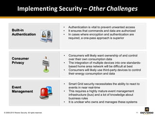 Implementing Security – Other Challenges

                                                    •   Authentication is vital to prevent unwanted access
         Built-in                                   •   It ensures that commands and data are authorized
         Authentication                             •   In cases where encryption and authentication are
                                                        required, a one-pass approach is superior




                                                    •   Consumers will likely want ownership of and control
         Consumer                                       over their own consumption data
         Privacy                                    •   The integration of multiple devices into one standards-
                                                        based home area network will be difficult at best
                                                    •   Consumers will likely use third-party devices to control
                                                        their energy consumption and data


                                                    •   Smart Grid security necessitates the ability to react to
         Event                                          events in near real-time
         Management                                 •   This requires a highly mature event management
                                                        infrastructure (bus) and a lot of knowledge about
                                                        business rules
                                                    •   It is unclear who owns and manages these systems


© 2009-2010 Revere Security. All rights reserved.                                                            11
 