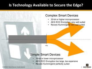Is Technology Available to Secure the Edge?

                                                                   Complex Smart Devices
                                                                           •   32-bit or higher microprocessor
                                                                           •   AES /ECC Encryption very well suited
                                                                           •   Revere Hummingbird very well suited




                                                                   today




                                                    Simple Smart Devices
                                                     •   16-bit or lower microprocessor
                                                     •   AES /ECC Encryption too large, too expensive
                                                     •   Revere Hummingbird perfectly suited
© 2009-2010 Revere Security. All rights reserved.                                                             4
 