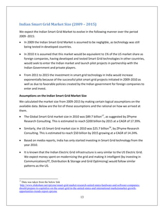 Indian Smart Grid Market Size (2009 – 2015)
We expect the Indian Smart Grid Market to evolve in the following manner over the period
2009 -2015:
    In 2009 the Indian Smart Grid Market is assumed to be negligible, as technology was still
     being tested in developed countries.

    In 2010 it is assumed that this market would be equivalent to 1% of the US market share as
     foreign companies, having developed and tested Smart Grid technologies in other countries,
     would seek to enter the Indian market and launch pilot projects in partnership with the
     Indian Government and private players.

    From 2011 to 2015 the investment in smart grid technology in India would increase
     exponentially because of the successful pilot smart grid projects initiated in 2009-2010 as
     well as due to favorable policies created by the Indian government for foreign companies to
     enter and invest.

Assumptions on the Indian Smart Grid Market Size
We calculated the market size from 2009-2015 by making certain logical assumptions on the
available data. Below are the list of these assumptions and the rational on how we arrived at
them.
    The Global Smart Grid market size in 2010 was $89.7 billion17, as suggested by ZPryme
     Research Consulting. This is estimated to reach $200 billion by 2015 at a CAGR of 17.39%.

    Similarly, the US Smart Grid market size in 2010 was $25.7 billion 16, by ZPryme Research
     Consulting. This is estimated to reach $50 billion by 2015 growing at a CAGR of 14.24%.

    Based on media reports, India has only started investing in Smart Grid technology from the
     year 2010.

    It is known that the Indian Electric Grid infrastructure is very similar to the US Electric Grid.
     We expect money spent on modernizing the grid and making it intelligent (by investing in
     Communications/IT, Distribution & Storage and Grid Optimizing) would follow similar
     patterns as the US.



17
   Data was taken from the below link
 http://www.slideshare.net/zpryme/smart-grid-market-research-united-states-hardware-and-software-companies-
should-prepare-to-capitalize-on-the-smart-grid-in-the-united-states-and-international-marketsmarket-growth-
opportunities-trends-report-zpryme

                                                      13
 