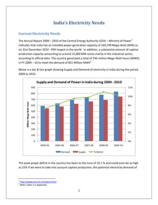 India’s Electricity Needs

Current Electricity Needs
The Annual Report 2009 – 2010 of the Central Energy Authority (CEA) – Ministry of Power1
indicates that India has an installed power generation capacity of 169,749 Mega-Watt (MW) as
on 31st December 2010 - fifth largest in the world. In addition, a substantial amount of captive
production capacity amounting to around 15,000 MW exists mainly in the industrial sector,
according to official data. The country generated a total of 746 million Mega-Watt hours (MWh)
in FY 2009 – 10 to meet the demand of 831 Million MWh2.

Below is a bar & line graph showing Supply and Demand of electricity in India during the period
2004 to 2010.

                                         Supply and Demand of Power in India during 2004 - 2010
                                   900                                                                           12%

                                   800
                                                                                                                 10%
                                   700
          Million Mega-Watt hour




                                   600                                                                           8%

                                   500
                                                                                                                 6%
                                   400

                                   300                                                                           4%

                                   200
                                                                                                                 2%
                                   100

                                    0                                                                            0%
                                           2004-05   2005-06   2006-07        2007-08        2008-09   2009-10

                                                         Demand          Supply         % Deficit



The peak power deficit in the country has been to the tune of 10.1 % and could even be as high
as 25% if we were to take into account captive production, the potential electricity demand of



1
    http://www.cea.nic.in/report.html
2
    Refer Table 1 in Appendix

                                                                     2
 