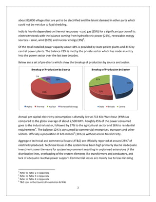 about 80,000 villages that are yet to be electrified and the latent demand in other parts which
could not be met due to load shedding.

India is heavily dependent on thermal resources - coal, gas (65%) for a significant portion of its
electricity needs with the balance coming from hydroelectric power (22%), renewable energy
sources – solar, wind (10%) and nuclear energy (3%)3.

Of the total installed power capacity about 48% is provided by state power plants and 31% by
central power plants. The balance 21% is met by the private sector which has made an entry
into the power sector over the last two decades.

Below are a set of pie-charts which show the breakup of production by source and sector.

            Breakup of Production by Source                  Breakup of Production by Sector

                3%
                           10%     22%                          31%
                                                                                              48%



                      65%                                          21%




       Hydro     Thermal     Nuclear     Renewable Energy          State   Private   Centre



Annual per capital electricity consumption is dismally low at 733 Kilo-Watt hour (KWh) as
compared to the global average of about 2,500 KWh. Roughly 45% of the power consumed
goes to the industrial sector, followed by 27% to the agricultural sector and 16% to residential
requirements4. The balance 12% is consumed by commercial enterprises, transport and other
sectors. Officially a population of 426 million5 (36%) is without access to electricity.

Aggregate technical and commercial losses (AT&C) are officially reported at around 28%6 of
electricity produced. Technical losses in the system have been high primarily due to inadequate
investments over the years for system improvement resulting in unplanned extensions of the
distribution lines, overloading of the system elements like transformers and conductors, and
lack of adequate reactive power support. Commercial losses are mainly due to low metering



3
  Refer to Table 2 in Appendix
4
  Refer to Table 3 in Appendix
5
  Refer to Table 4 in Appendix
6
  T&D Loss in the Country Presentation & Wiki

                                                        3
 