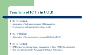 Functions of ICT’s in G,T,D
 IN ‘G’ Domain
 Automation of bulk generation and DER operations.
 Synchronizing and adjusting the voltage levels.
 IN ‘T’ Domain
 Automation of the transmission power grid (SCADA/EMS)
 IN ‘D’ Domain
 DMS improves classical outage management systems (OMS) by automation
 Real-time adjustments by Advanced Distribution Automation
 