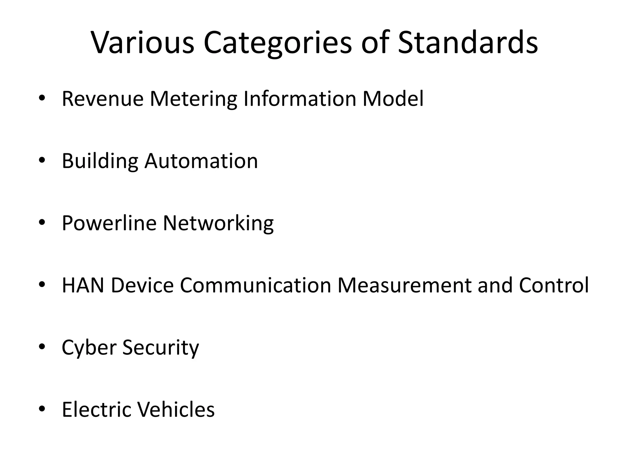 Various Categories of Standards
• Revenue Metering Information Model
• Building Automation
• Powerline Networking
• HAN Device Communication Measurement and Control
• Cyber Security
• Electric Vehicles
 