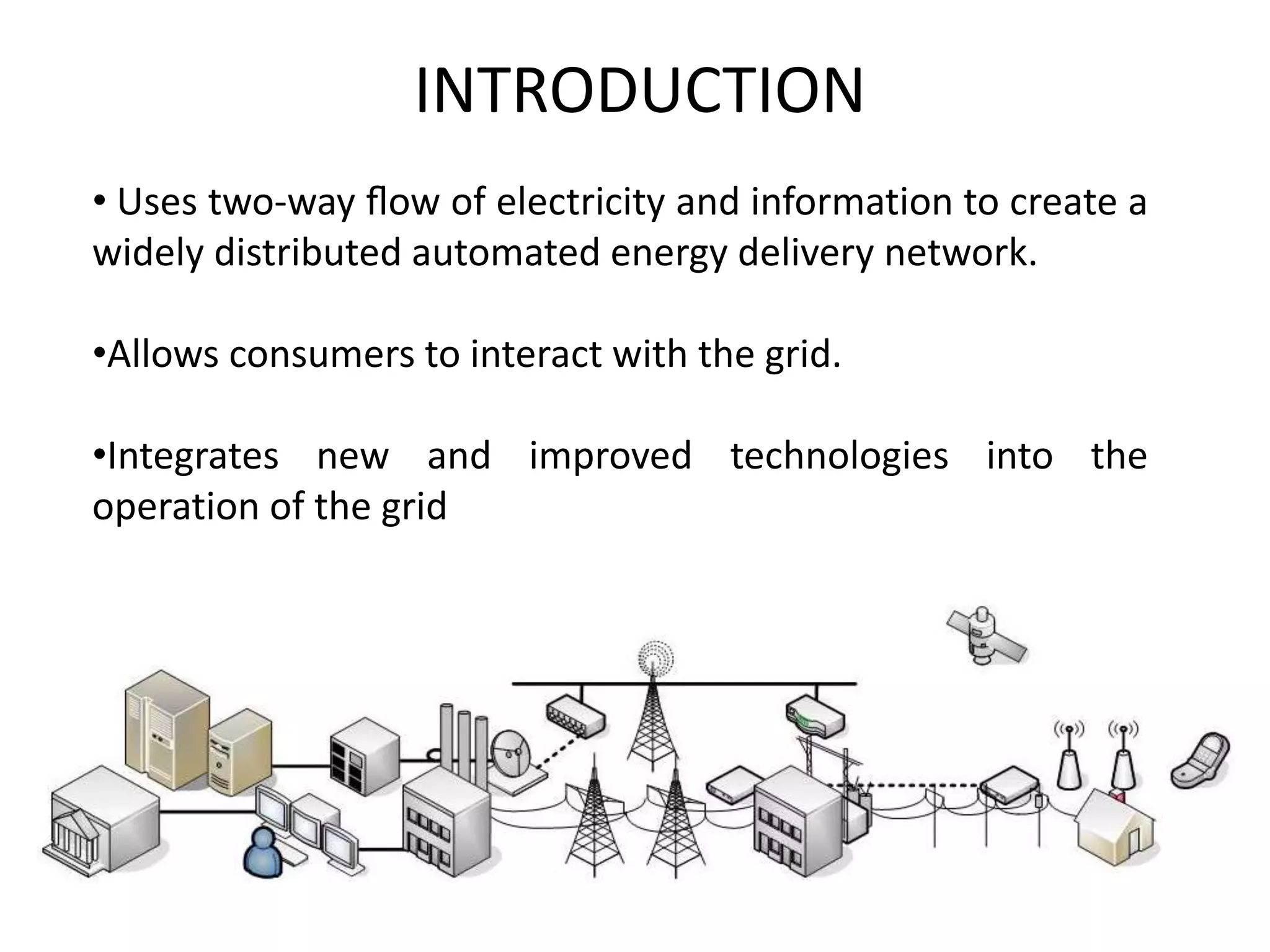 INTRODUCTION
• Uses two-way ﬂow of electricity and information to create a
widely distributed automated energy delivery network.
•Allows consumers to interact with the grid.
•Integrates new and improved technologies into the
operation of the grid
 
