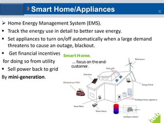  Home Energy Management System (EMS).
 Track the energy use in detail to better save energy.
 Set appliances to turn on...