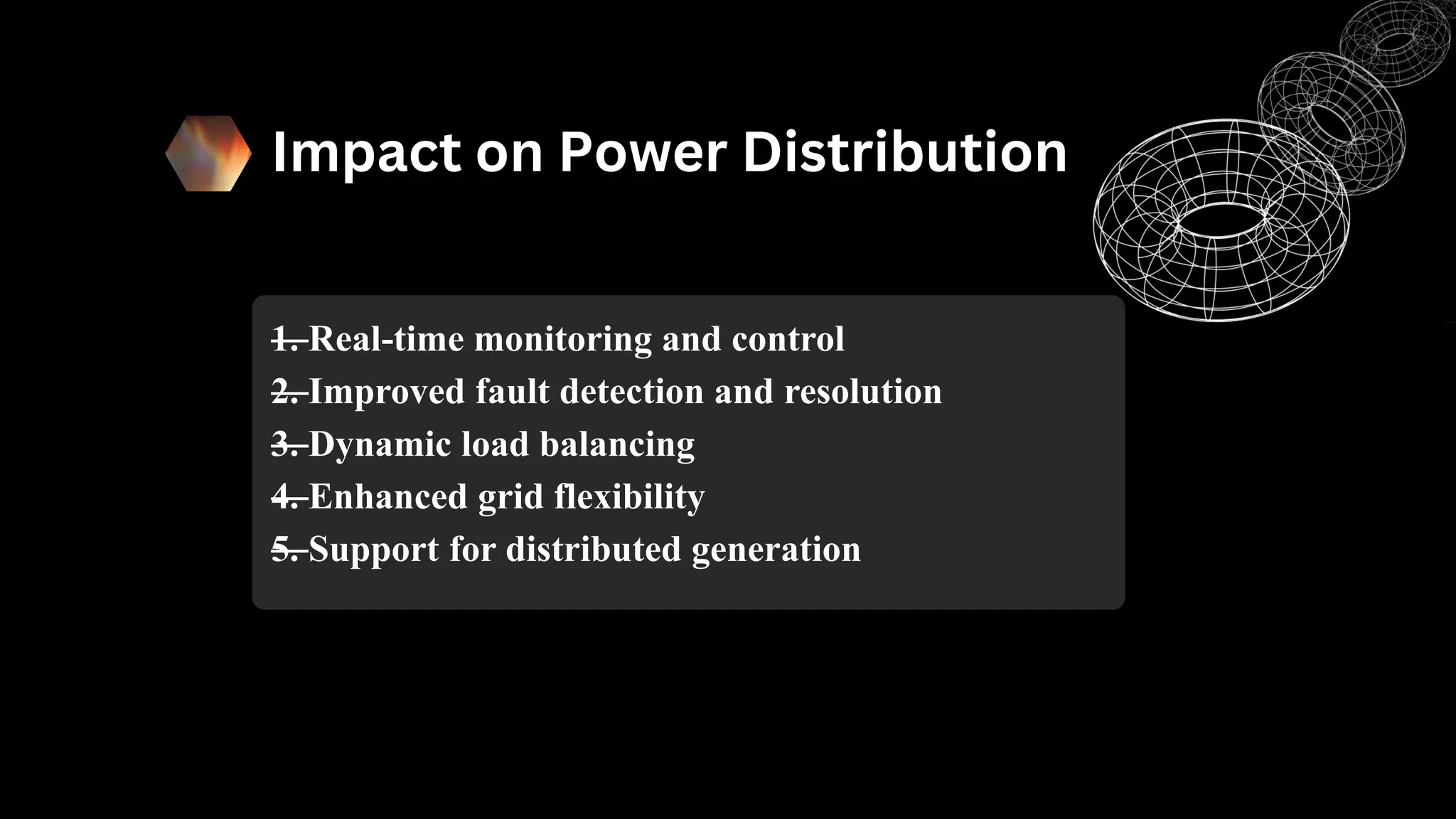 Impact on Power Distribution
—
1. Real-time monitoring and control
—
2. Improved fault detection and resolution
—
3. Dynamic load balancing
—
4. Enhanced grid flexibility
—
5. Support for distributed generation
 