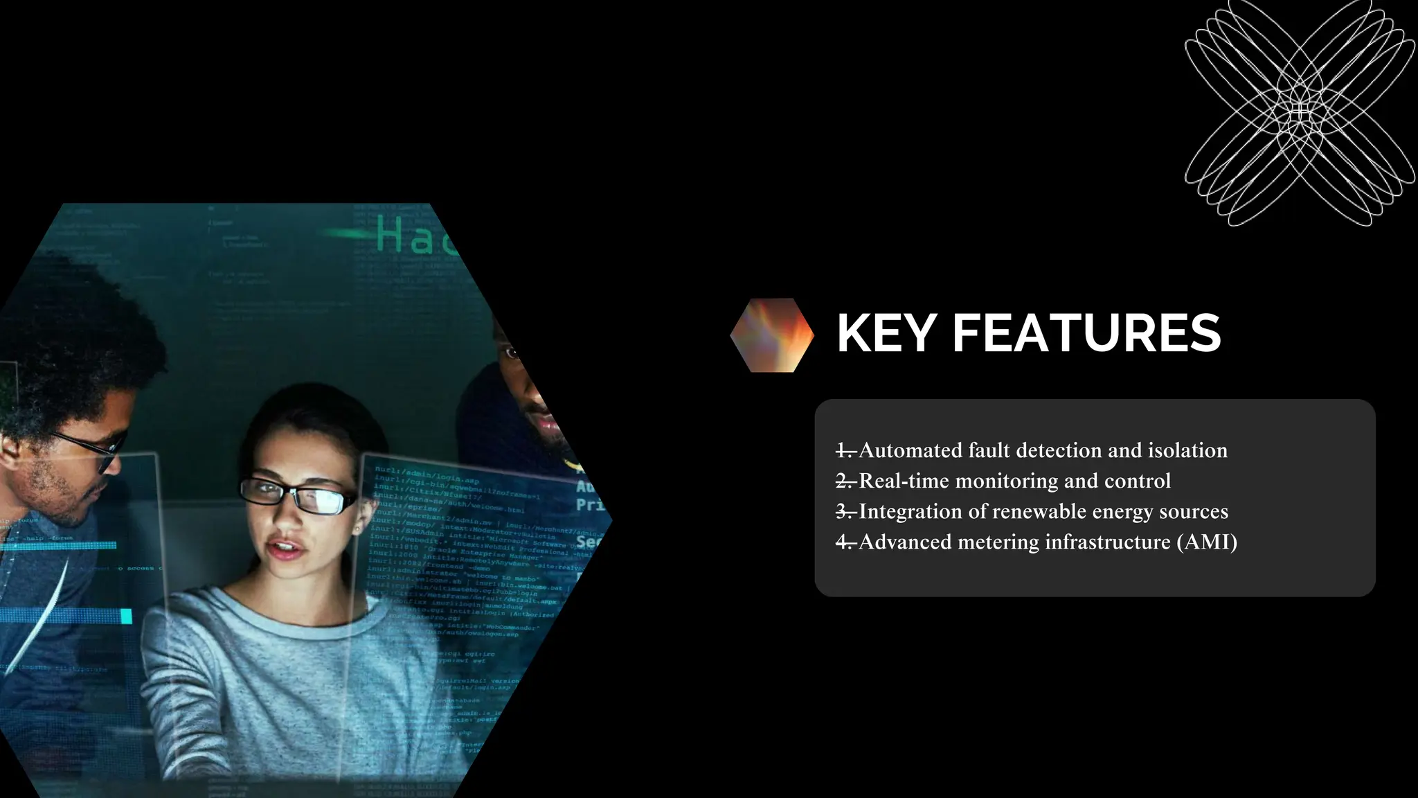 KEY FEATURES
—
1. Automated fault detection and isolation
—
2. Real-time monitoring and control
—
3. Integration of renewable energy sources
—
4. Advanced metering infrastructure (AMI)
 